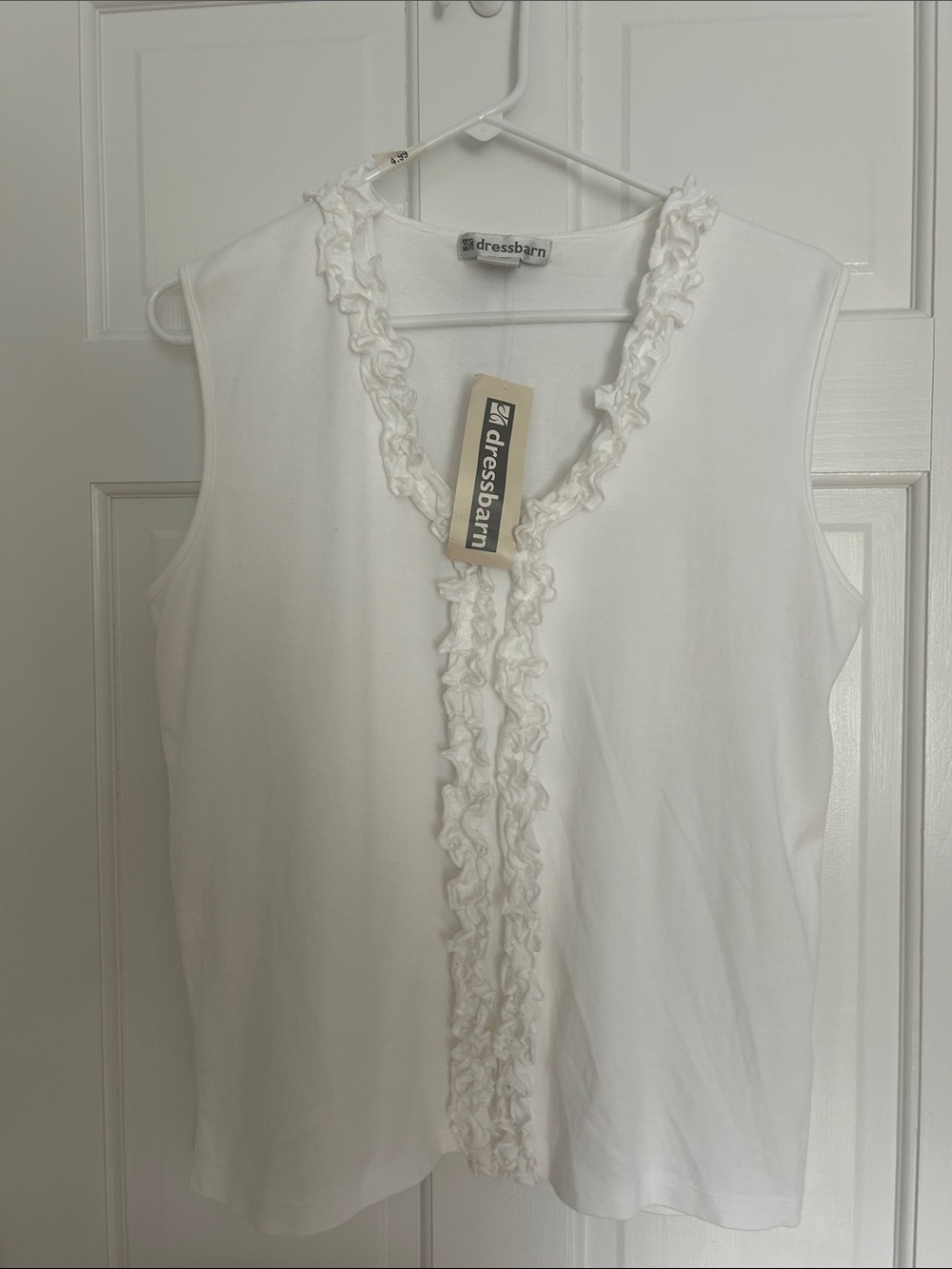 VTG Y2K Dressbarn White Cotton Ruffle V-Neck Tank Top NWT Size L